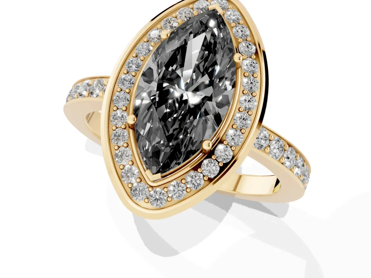 Fancy Black Marquise Cut Diamond Halo Ring with Bezel Frame and Pavé Band Yellow gold
