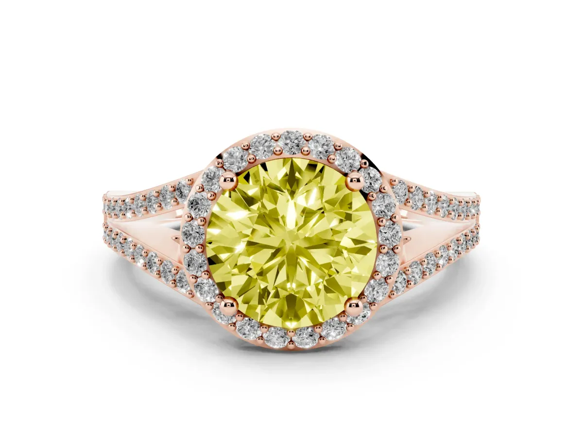Fancy Yellow Round Cut Halo Split Shank Pave Diamond Ring with Four-Prong Setting Rose gold