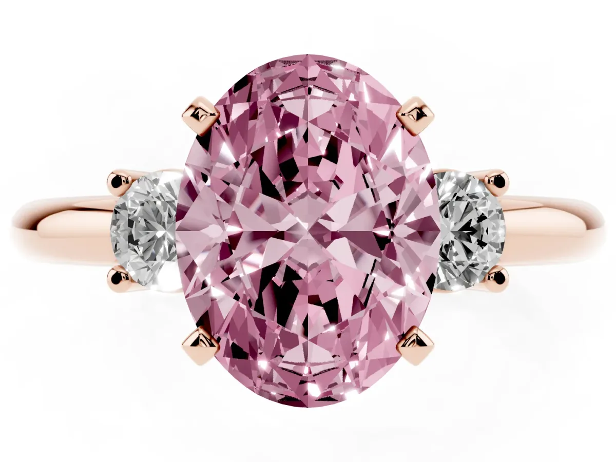 Fancy Pink Three-Stone Oval Cut Cut Diamond Solitaire with Prong Setting and Classic Band Rose gold
