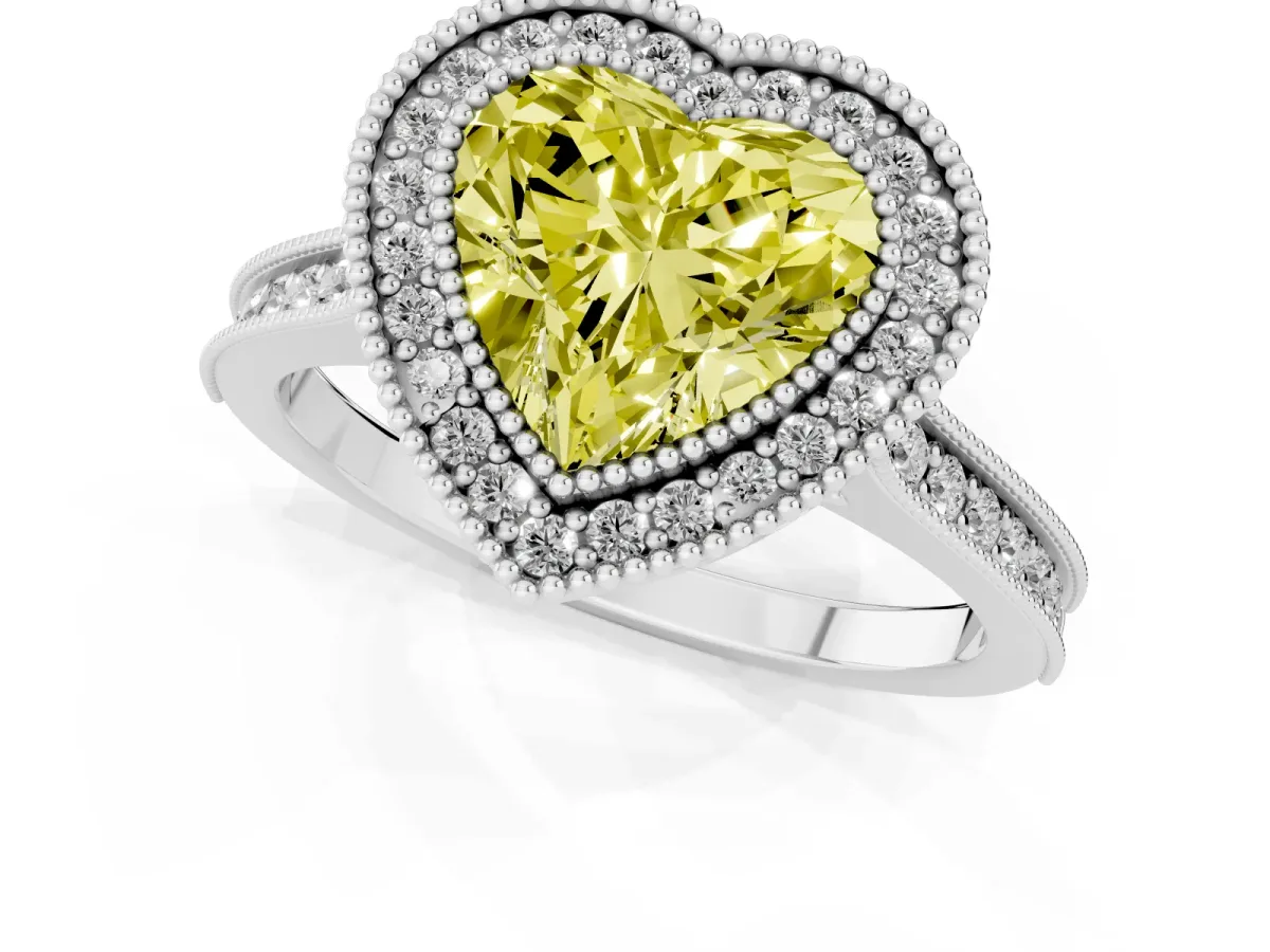 Fancy Yellow Halo Heart Cut-Cut Diamond Pave Band Milgrain Prong Setting Ring Silver