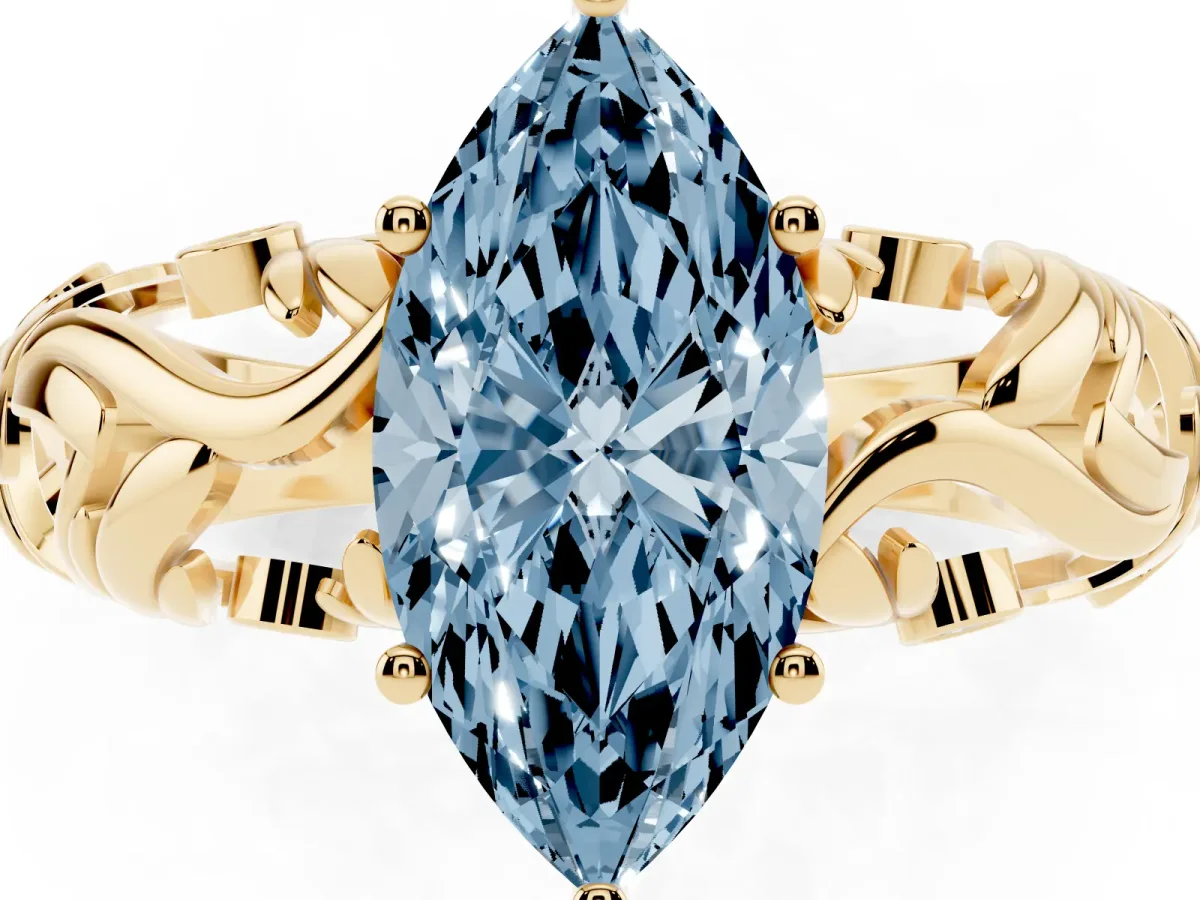 Fancy Blue Marquise Cut Solitaire Diamond Leaf-Inspired Vine Band Ring with Prong Setting Yellow gold