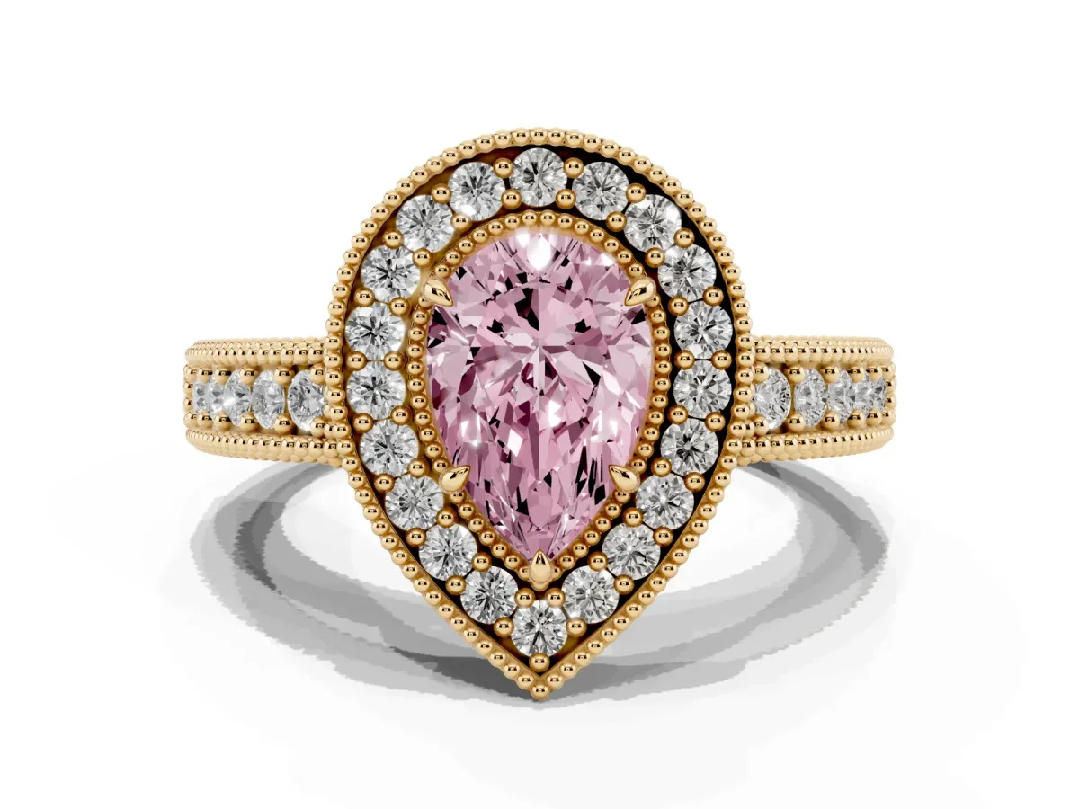 Fancy Pink Pear Cut Cut Halo Diamond Ring with Pavé Band and Four-Prong Setting Yellow gold