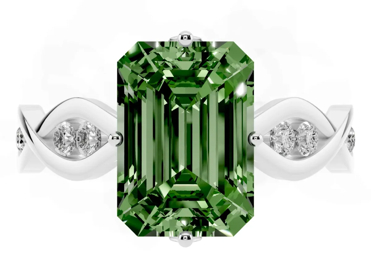 Fancy Green Emerald Cut Solitaire Twist Band with Leaf Prong Setting Silver