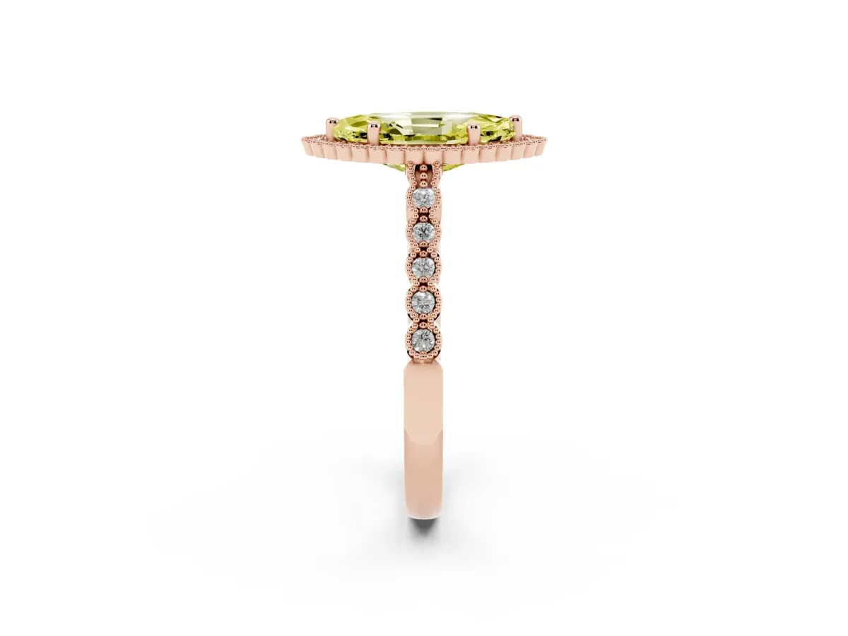 Fancy Yellow Marquise Cut Cut Halo Pavé Solitaire Ring with Milgrain Band Rose gold