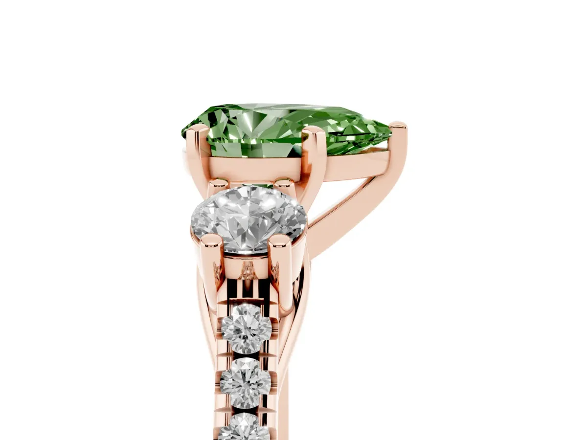 Fancy Green Three-Stone Pear Cut Diamond Pavé Band with Four-Prong Setting Rose gold