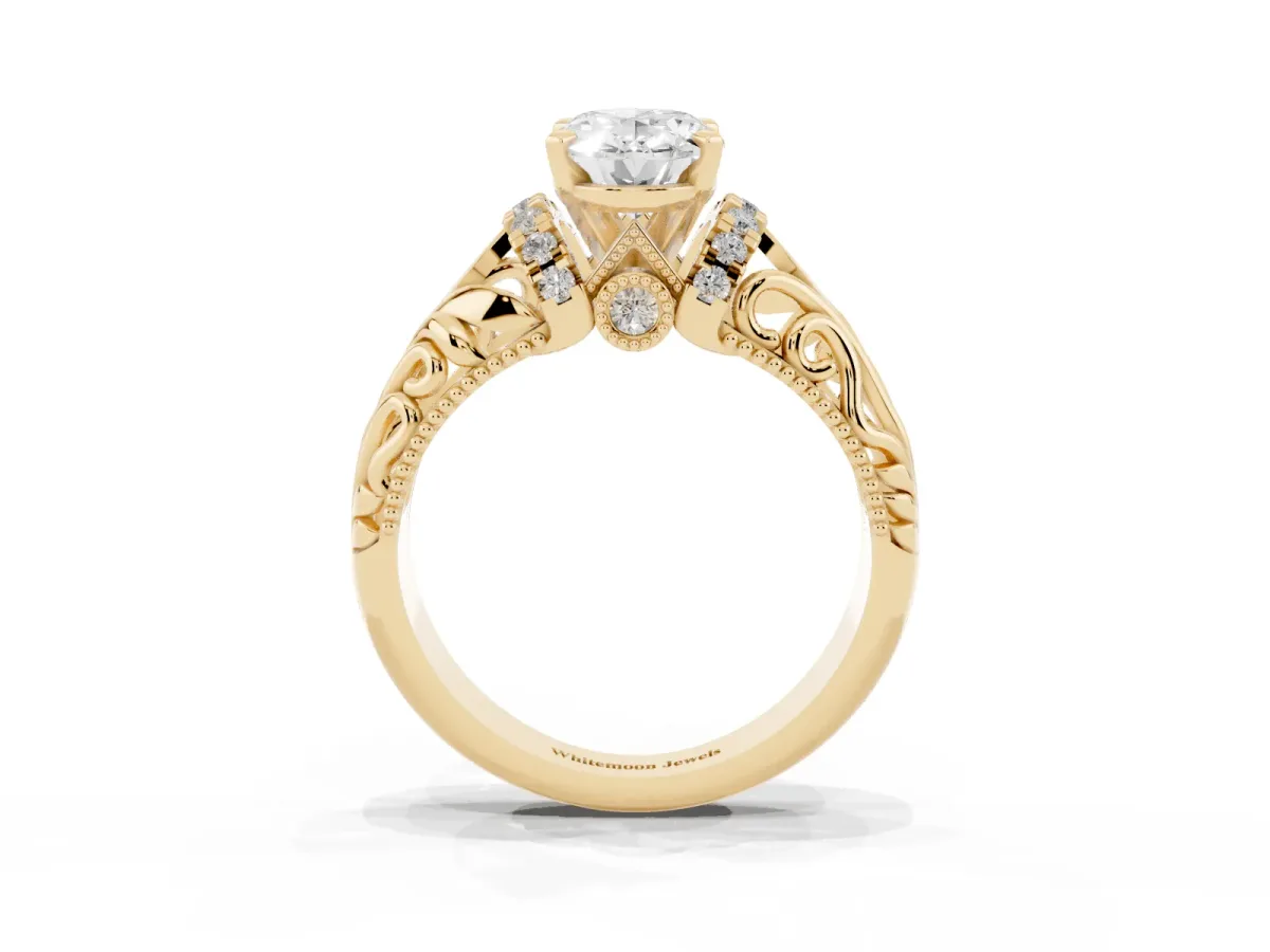 Oval Cut Solitaire Filigree Engagement Ring with Halo and Prong Setting Yellow gold