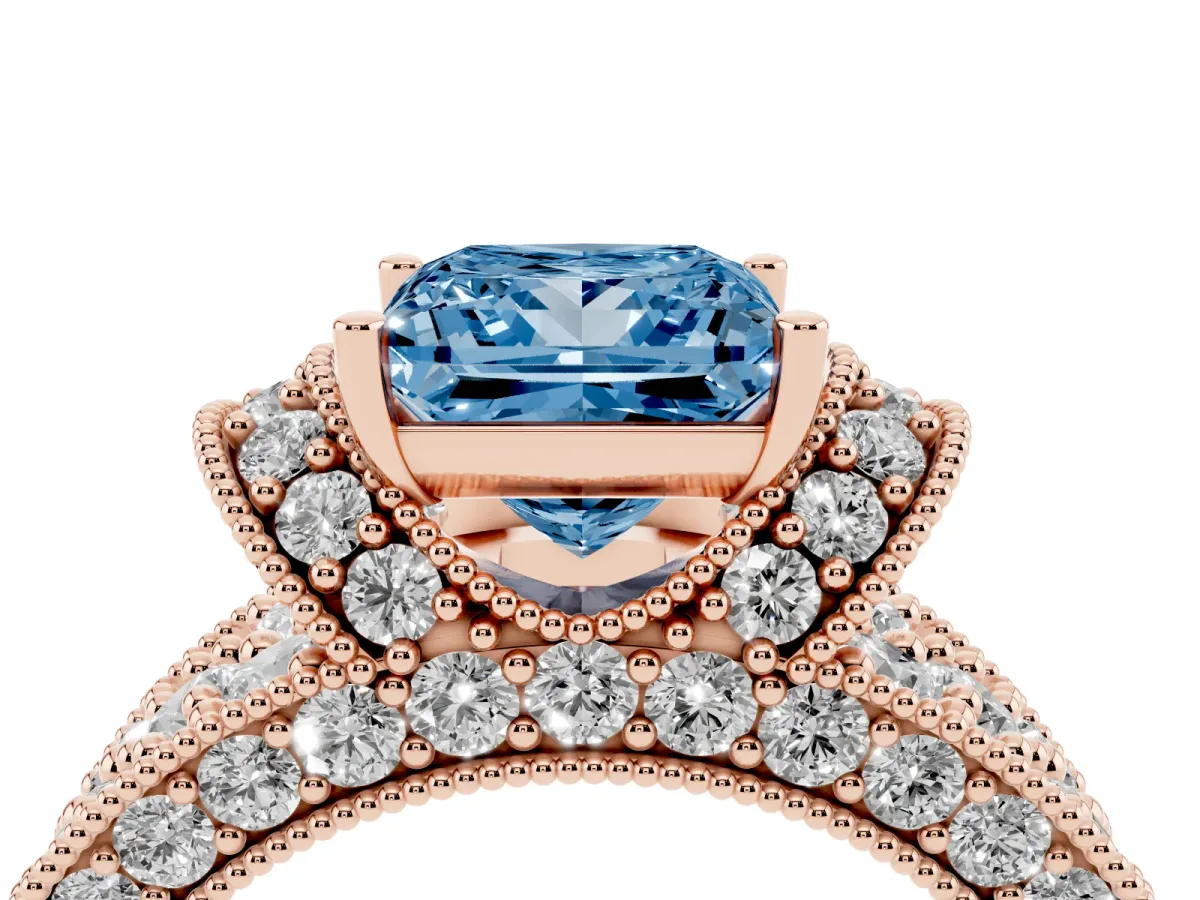 Fancy Blue Princess Cut Halo Pave Diamond Engagement Ring with Milgrain Detailing Rose gold