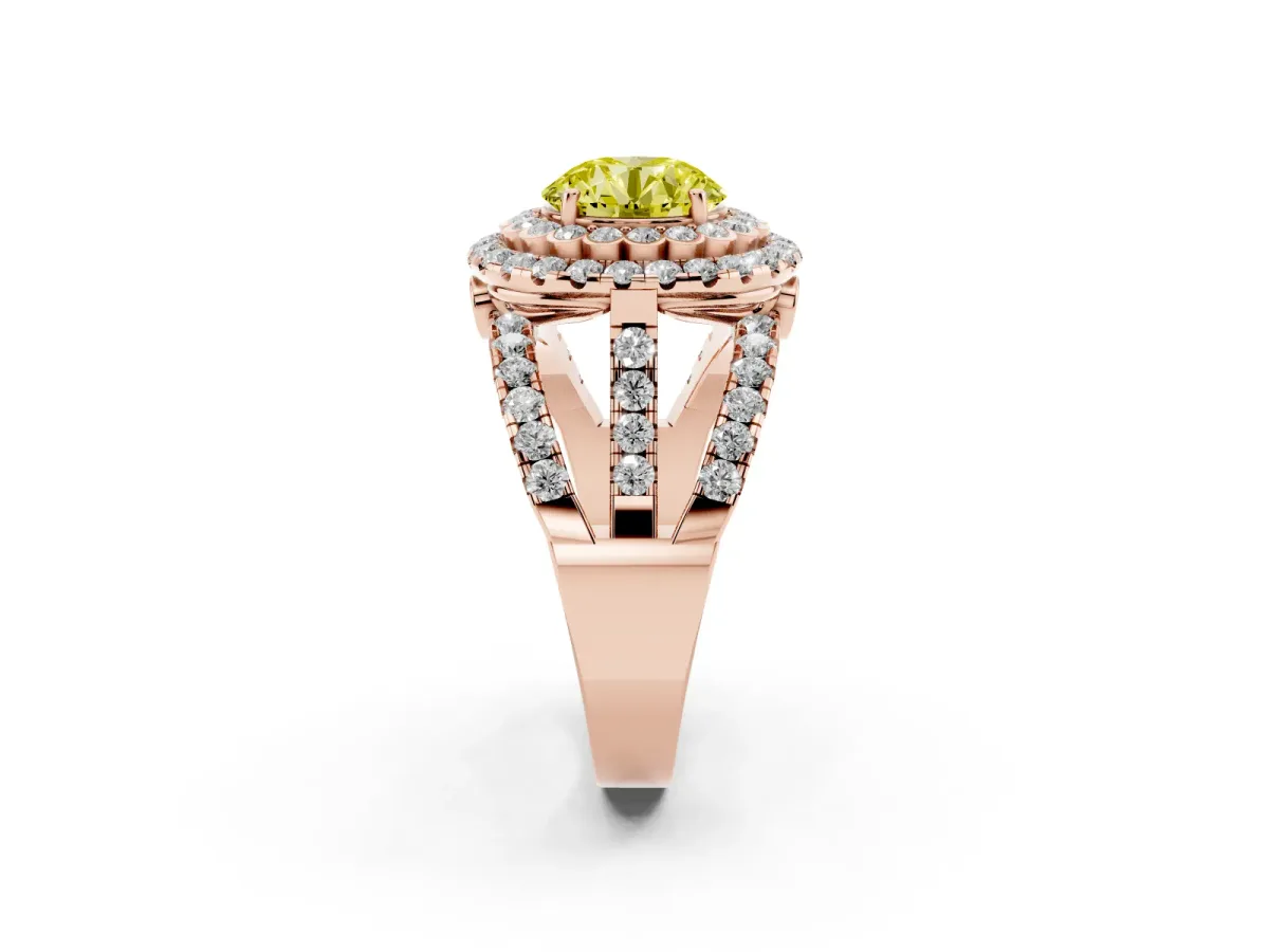 Fancy Yellow Round Cut Diamond Double Halo Ring with Round Pavé Split Shank and Prong Setting Rose gold