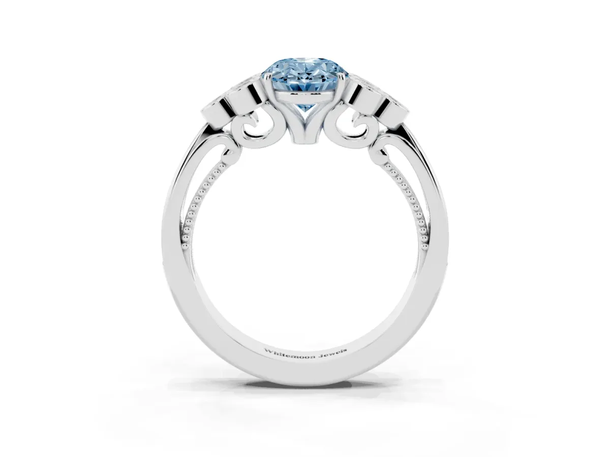 Fancy Blue Oval Cut Cut Diamond Engagement Ring with Bezel Set Round Side Stones and Prong Setting Silver