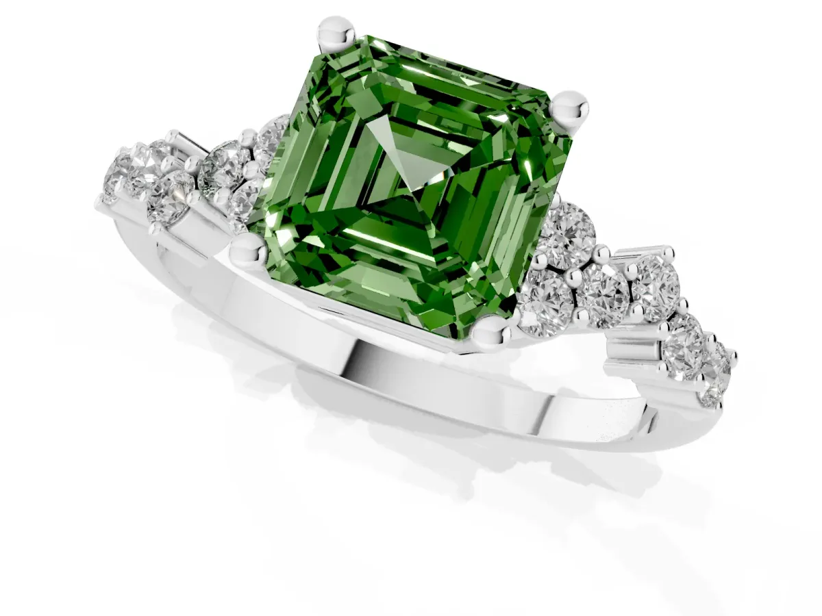 Fancy Green Asscher Cut Diamond Scattered Round Accent Ring with Prong Setting White gold