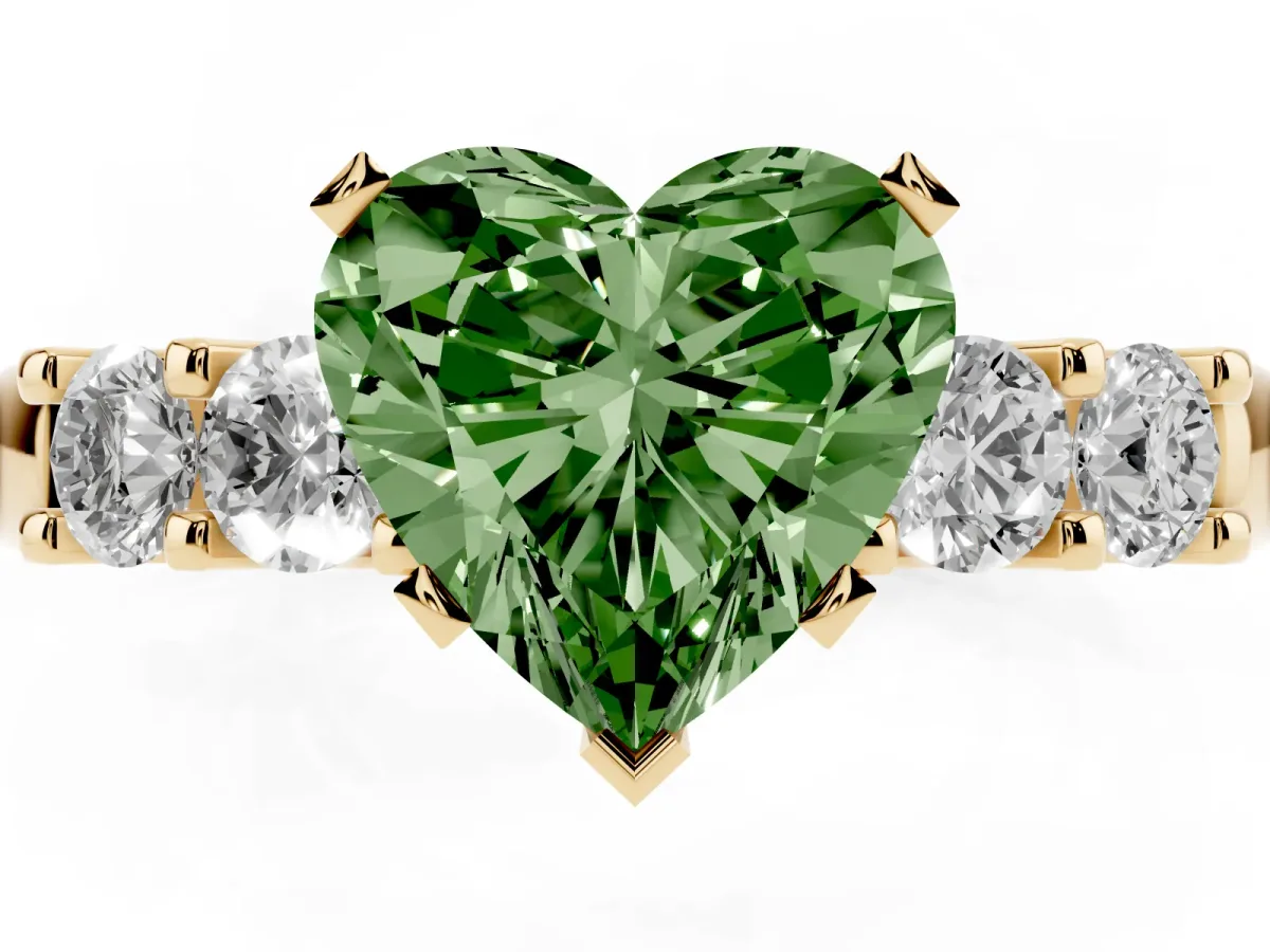 Fancy Green Heart Cut Brilliant Cut Diamond Five-Stone Prong Set Engagement Ring with Channel Band Yellow gold