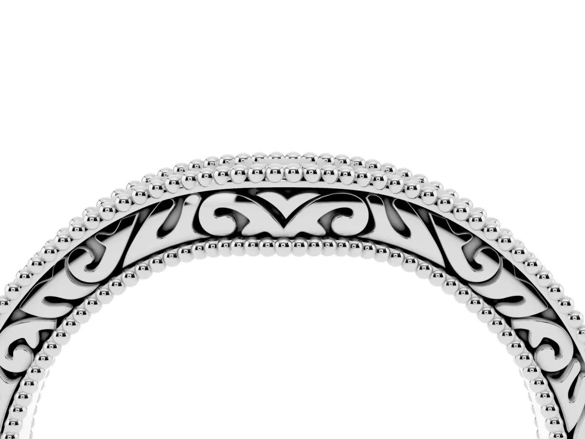 Pave Round Diamond Curved Milgrain Band Silver