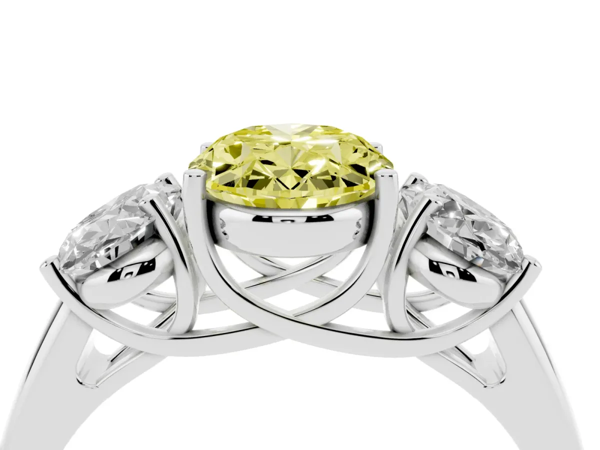 Fancy Yellow Three-Stone Oval Cut Diamond Engagement Ring with Prong Setting Platinum