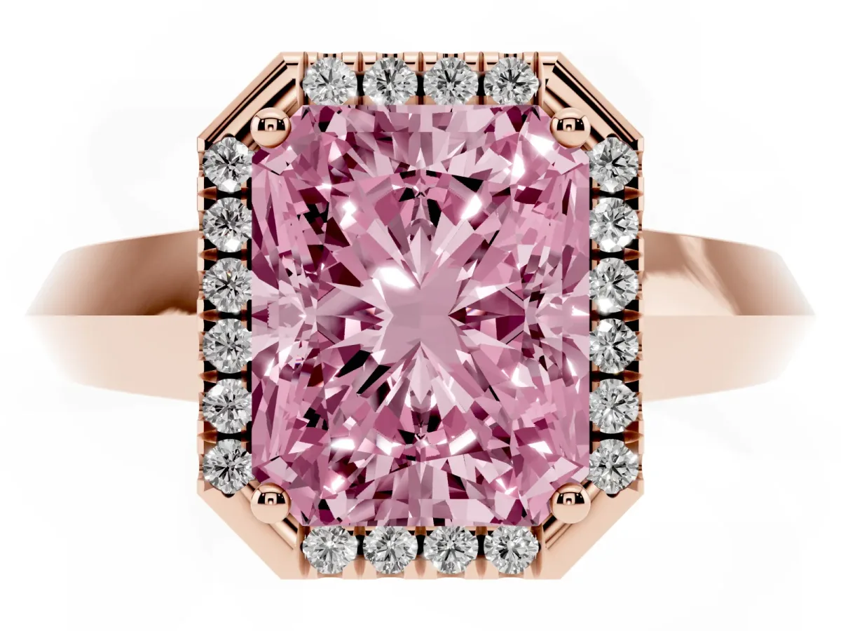 Fancy Pink Radiant Cut Halo Diamond Ring with Cathedral Band and Four-Prong Setting Rose gold