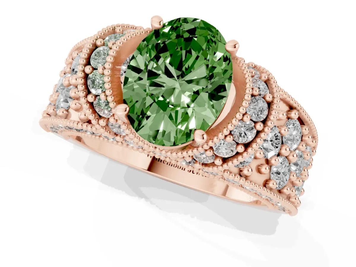 Fancy Green Oval Cut Halo Pave Diamond Engagement Ring with Milgrain Detailing Rose gold