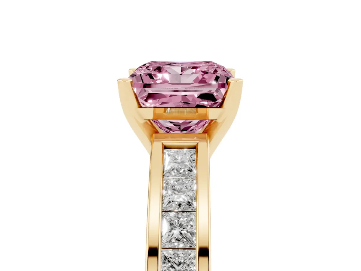 Fancy Pink Princess Cut Solitaire Diamond Ring with Channel-Set Band and Four-Prong Setting Yellow gold