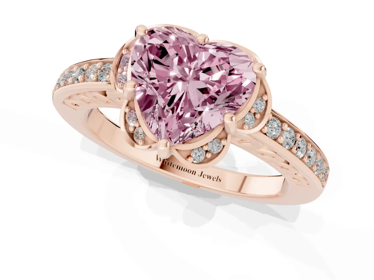 Fancy Pink Heart Cut Cut Halo Diamond Ring with Channel Set Band and Four-Prong Setting Rose gold