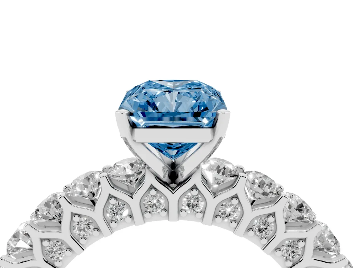 Fancy Blue Radiant Cut Diamond Solitaire Ring with Shared Prong Pavé Band and Four-Prong Setting Silver