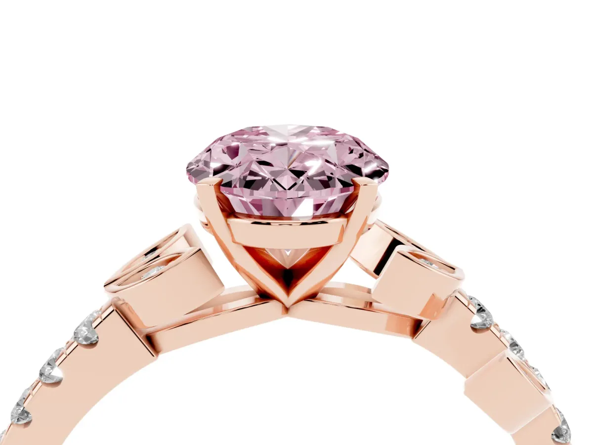 Fancy Pink Oval Cut Solitaire Leaf-Inspired Diamond Ring with Pavé Band and Four-Prong Setting Rose gold
