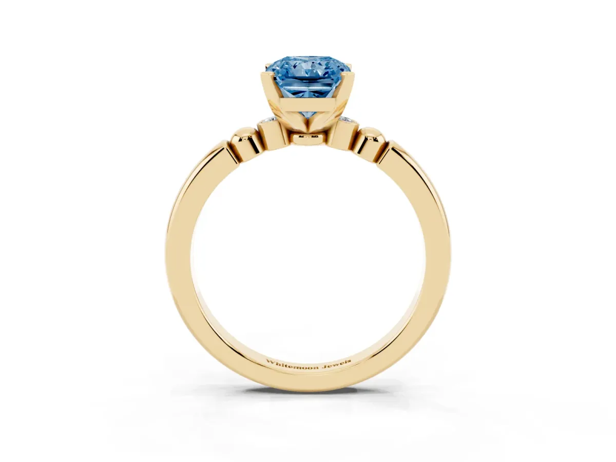 Fancy Blue Radiant Cut Solitaire Beaded Band with Four-Prong Setting Yellow gold