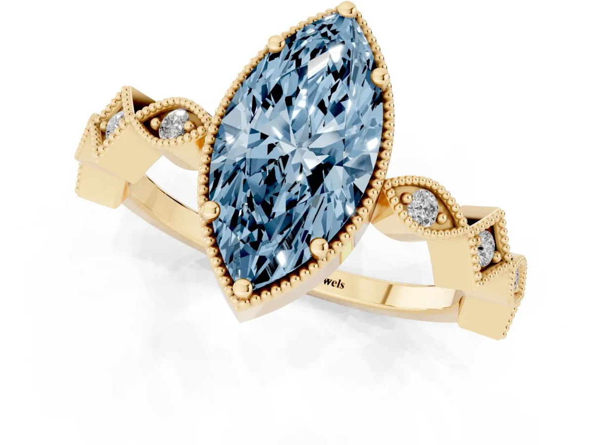 Fancy Blue Marquise Cut Milgrain Marquise Diamond Twist Band Ring Yellow gold