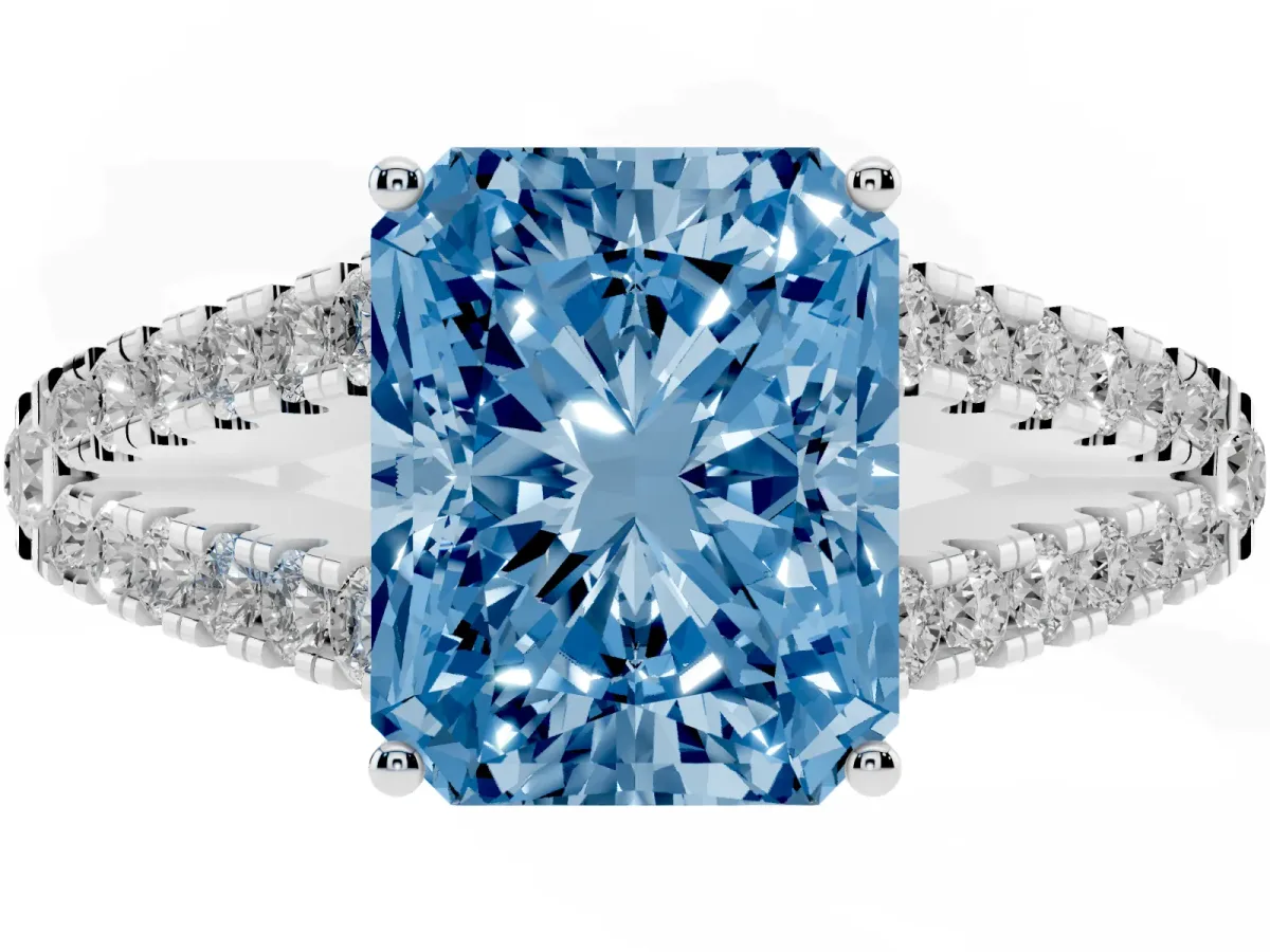 Fancy Blue Radiant Cut Diamond Split Shank Engagement Ring with Round Pavé and Prong Setting Silver