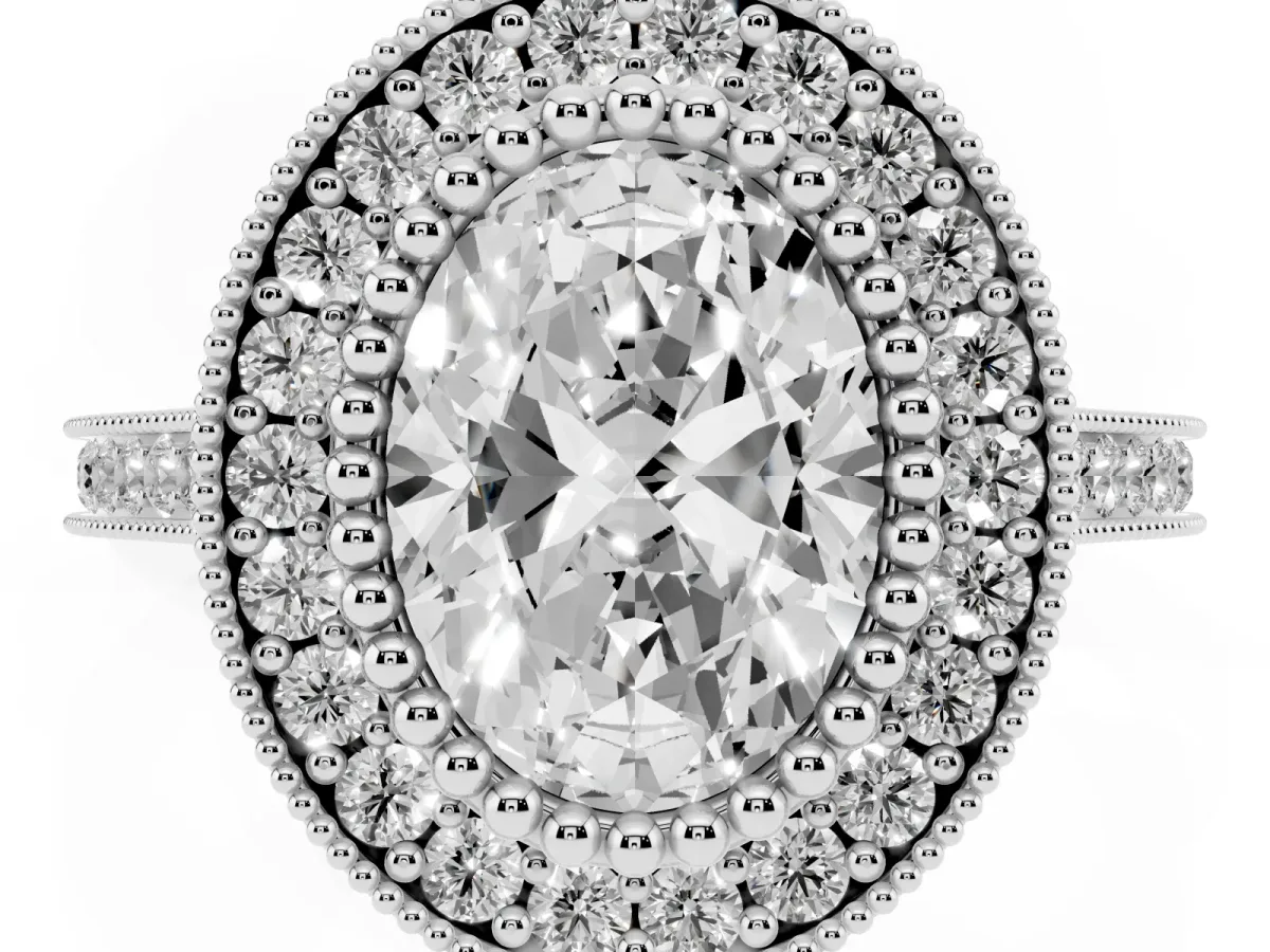 Oval Cut Diamond Halo Ring with Milgrain Frame and Pavé Band Silver