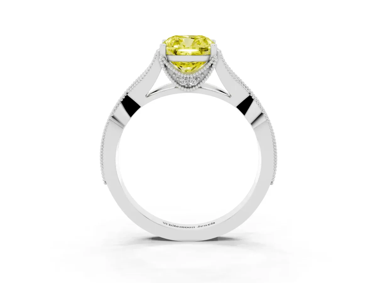 Fancy Yellow Cushion Cut Cut Diamond Twisted Band with Milgrain Pave Setting and Four-Prong Setting White gold