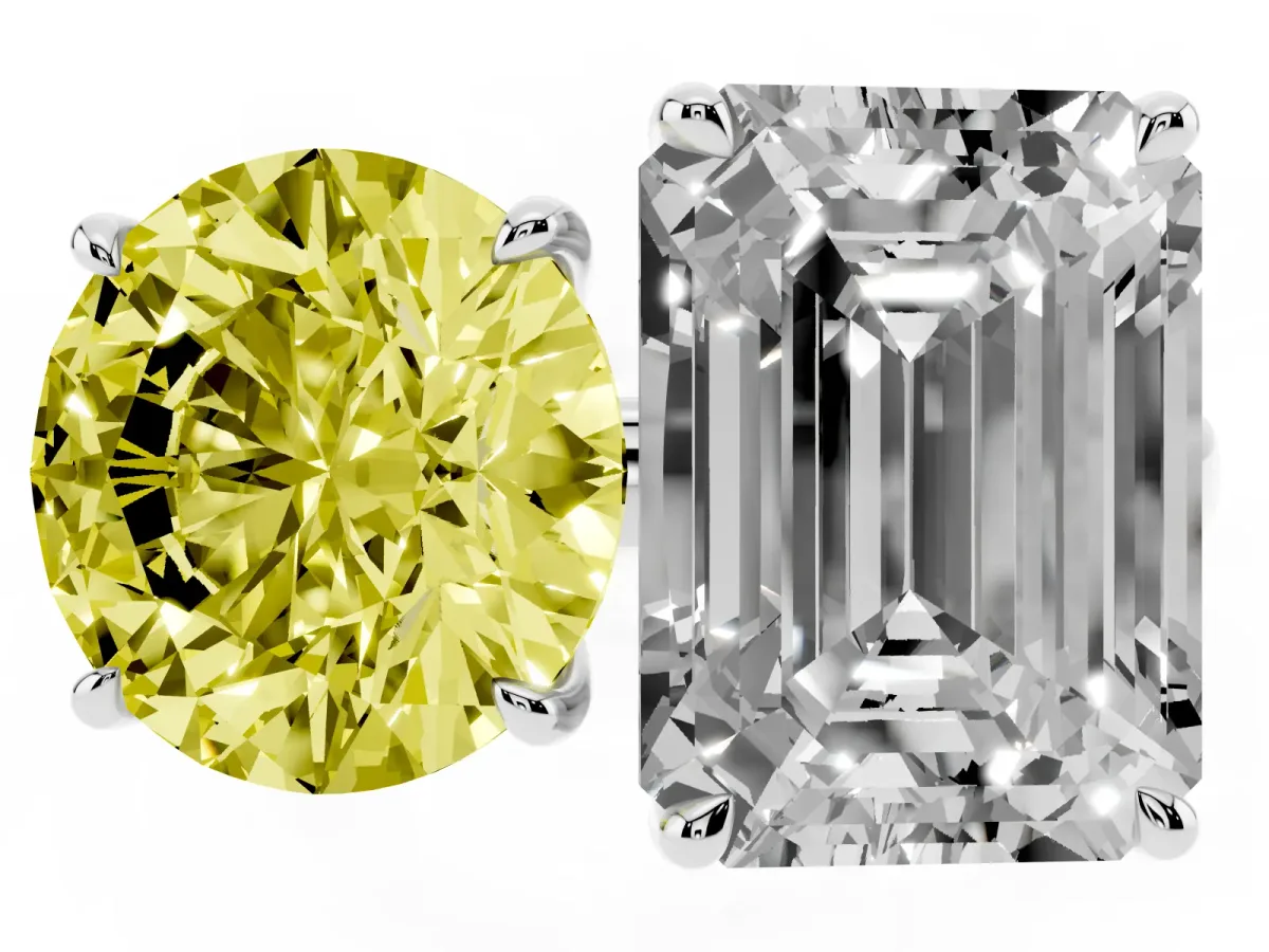 Fancy Yellow Round Cut and Emerald Cut Toi Moi Ring with Prong Setting Platinum