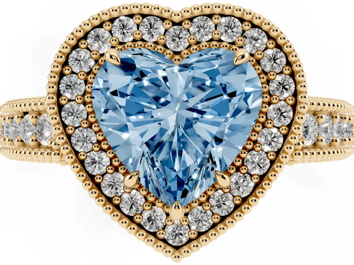 Fancy Blue Heart Cut Cut Halo Diamond Ring with Pavé Band and Four-Prong Setting Yellow gold