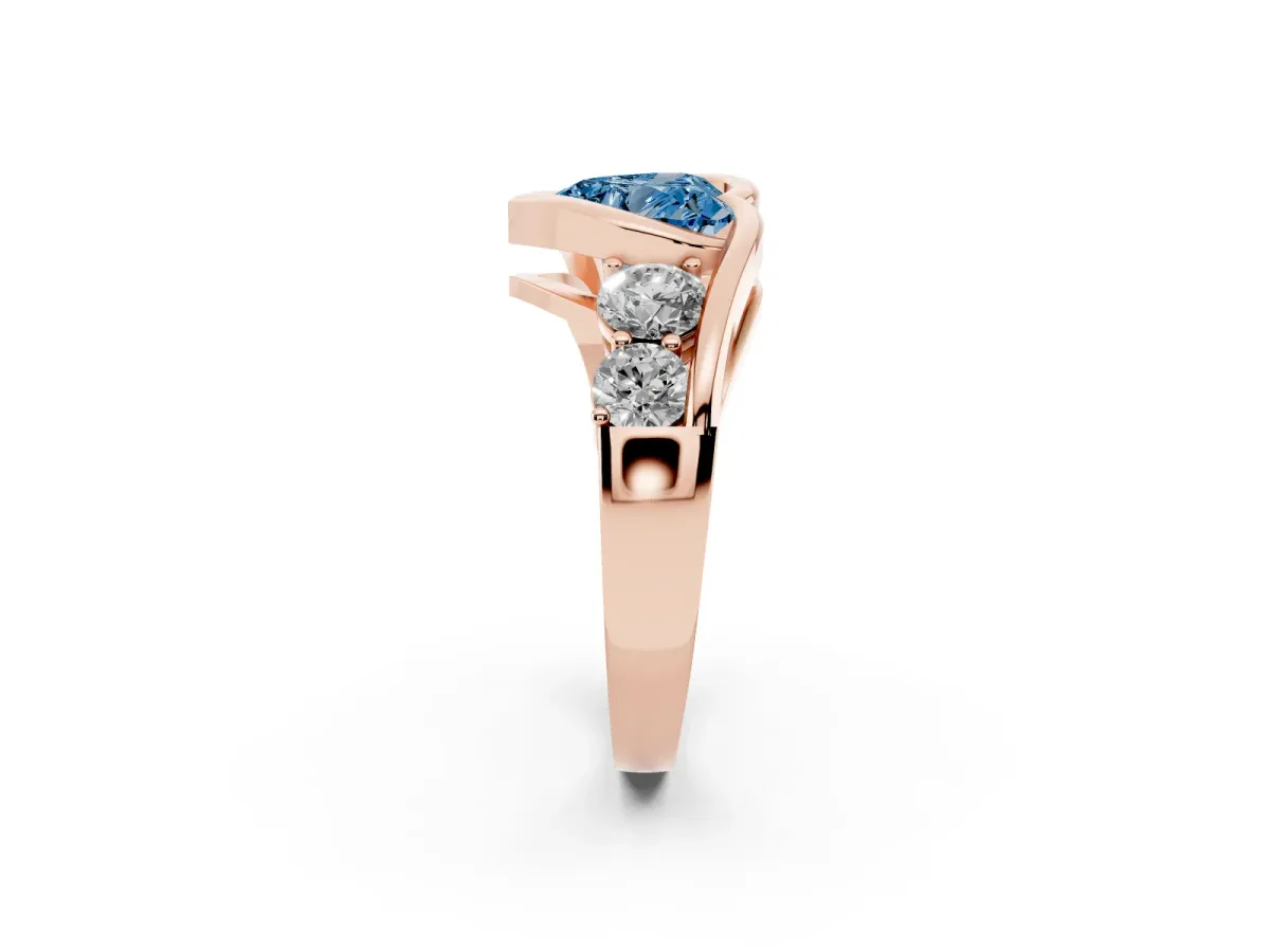 Fancy Blue Bezel Set Heart Cut Diamond Bypass Ring with Round Accents Rose gold