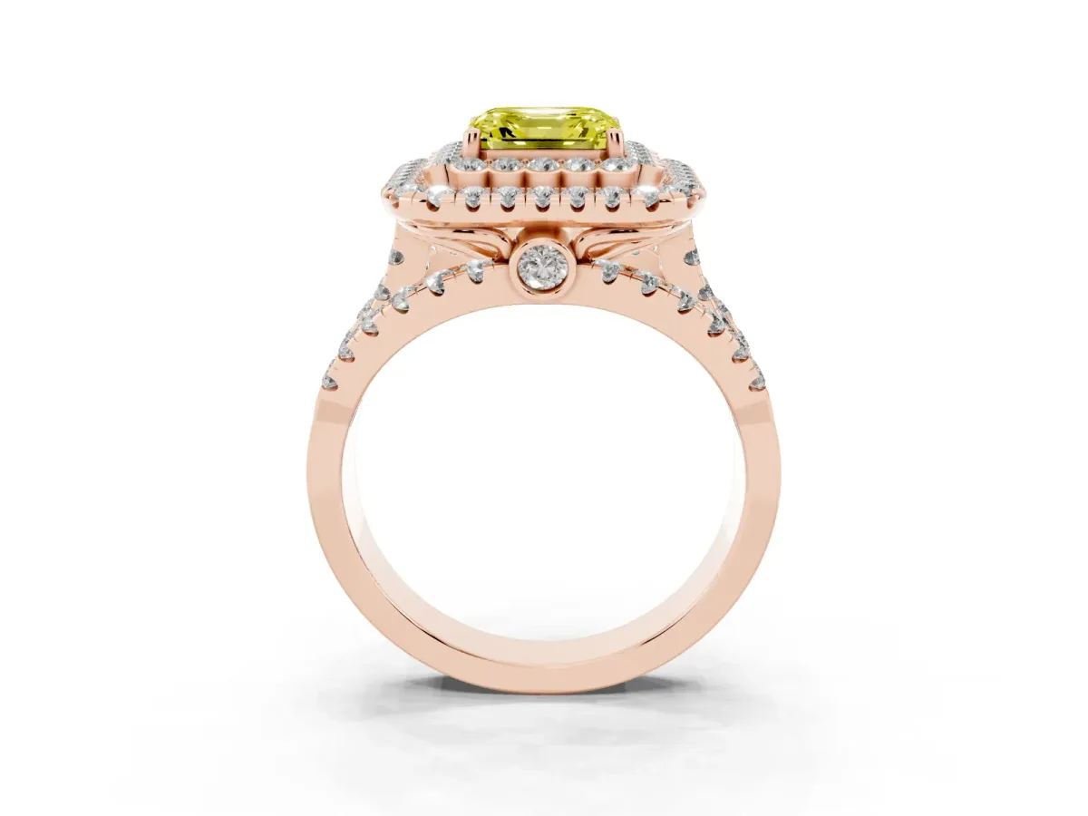 Fancy Yellow Asscher Cut Diamond Double Halo Ring with Round Pavé Split Shank and Prong Setting Rose gold