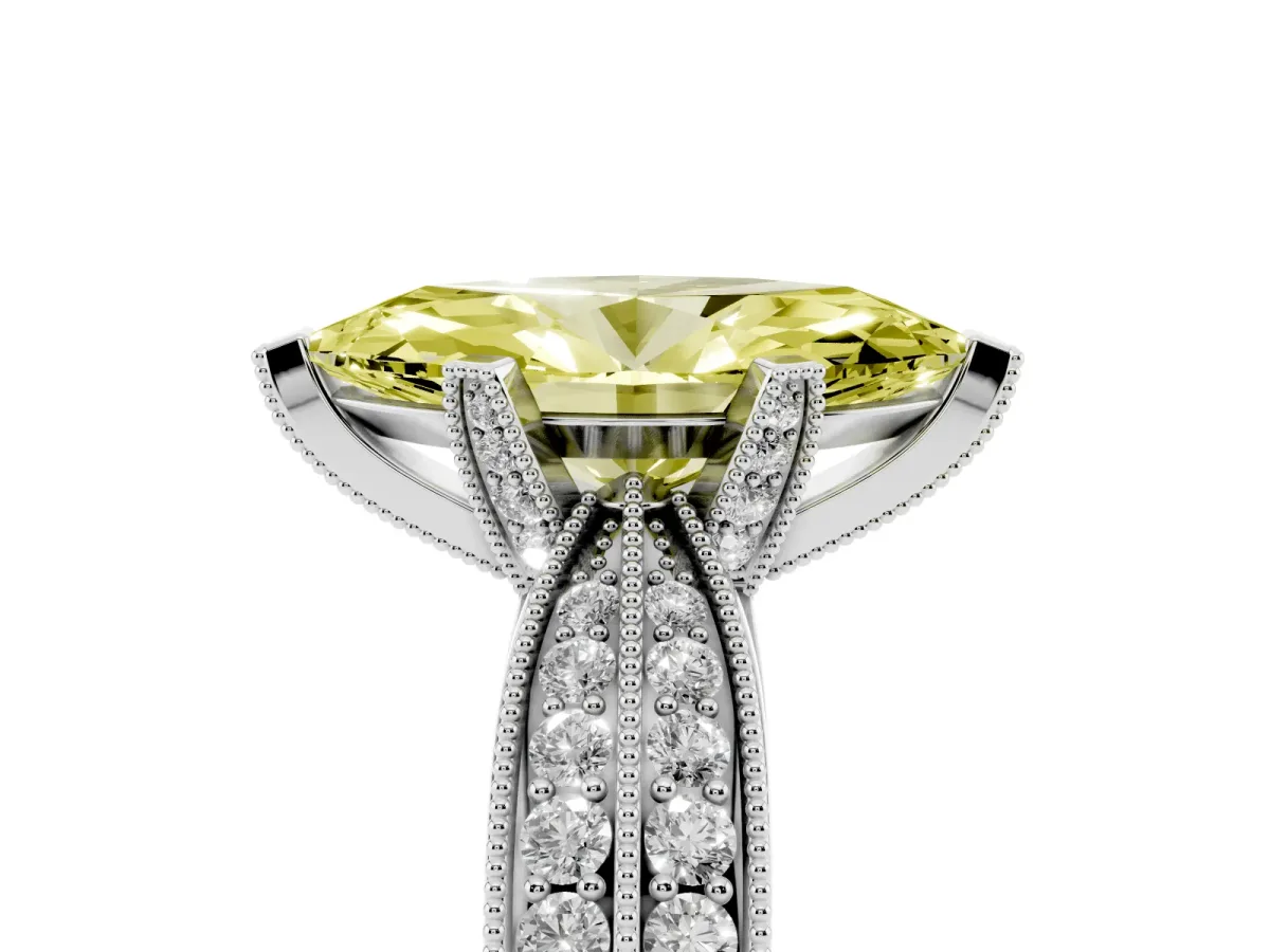 Fancy Yellow Marquise Cut Diamond Solitaire Ring with Milgrain Round Pavé Band and Prong Setting Silver