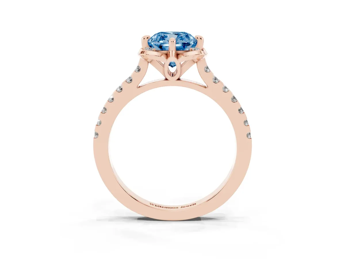 Fancy Blue Cushion Cut Diamond Ring with Pavé Band and Floral Prong Setting Rose gold