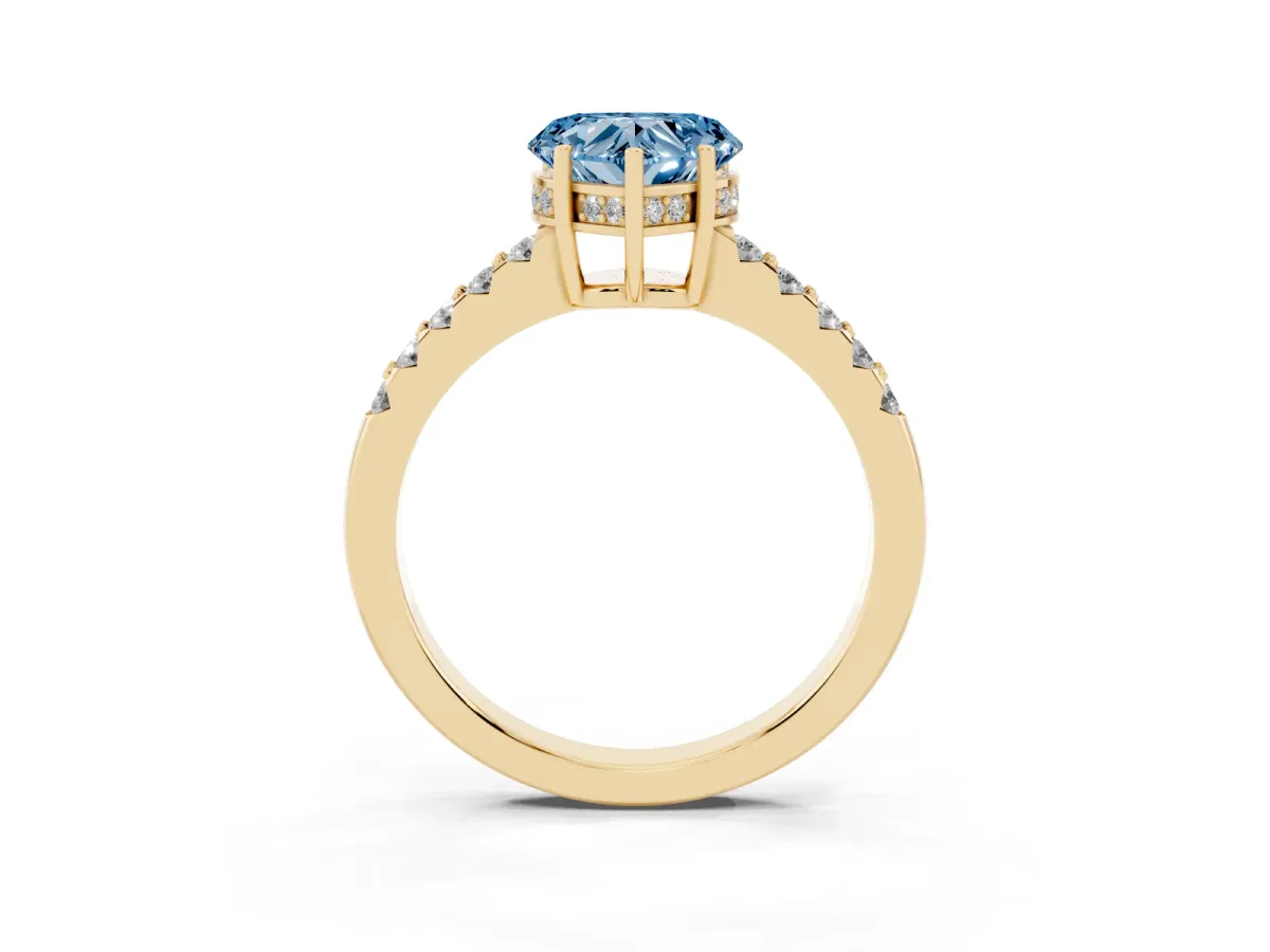 Fancy Blue Heart Cut Solitaire Diamond Engagement Ring with Pavé Band and Six-Prong Setting Yellow gold