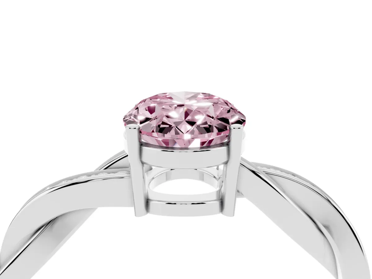 Fancy Pink Oval Cut Solitaire Twisted Pave Diamond Ring with Four-Prong Setting White gold