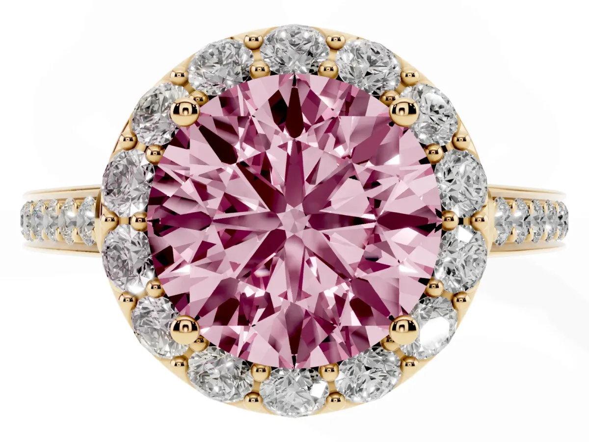 Fancy Pink Round Cut Diamond Floral Halo Ring with Pavé Band and Prong Setting Yellow gold