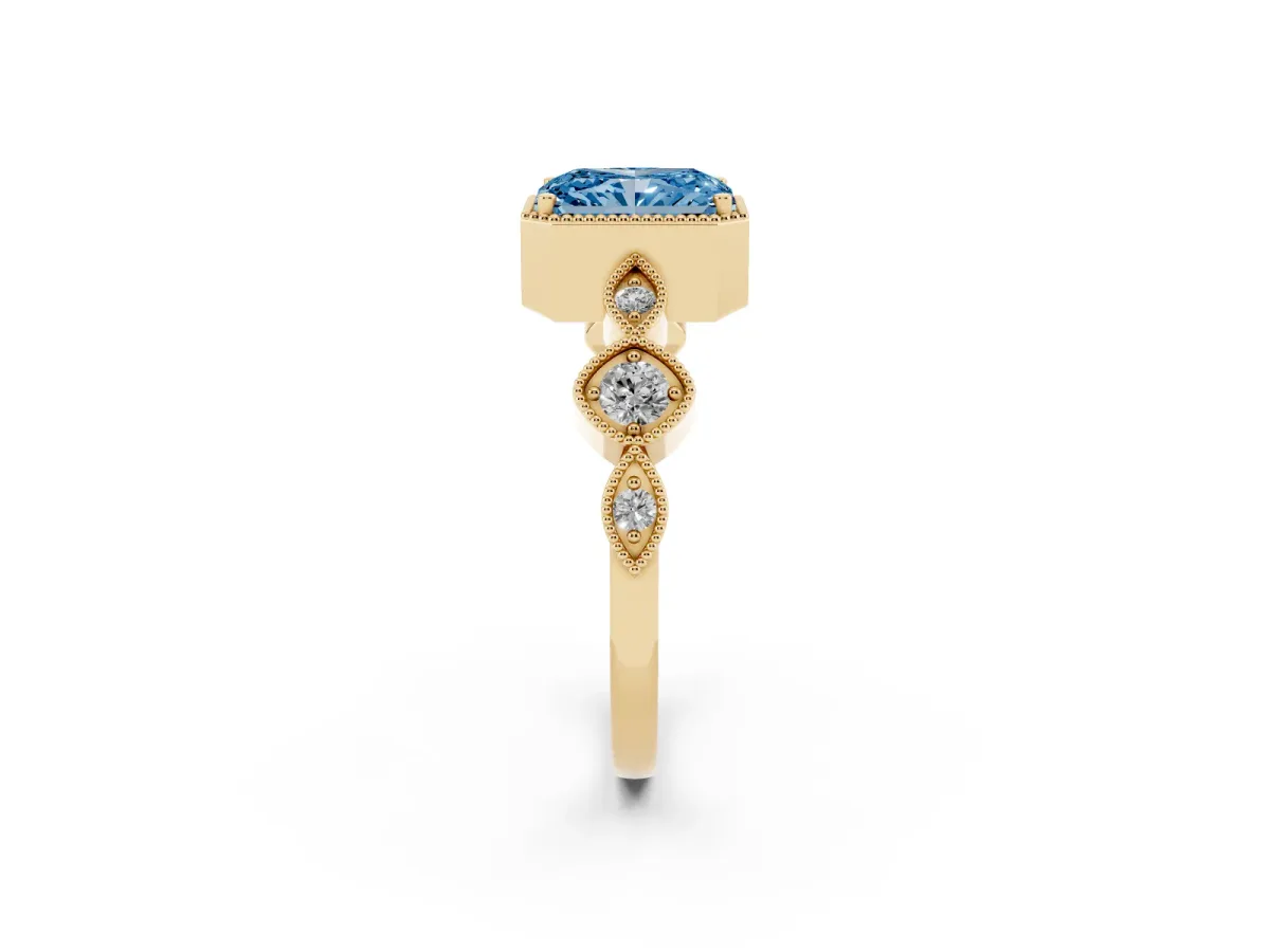 Fancy Blue Radiant Cut Diamond Vintage Milgrain Ring with Round Stations Yellow gold