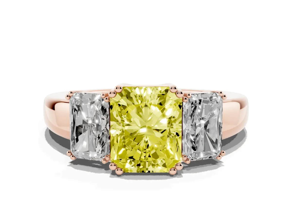 Fancy Yellow Three-Stone Radiant Cut Cut Diamond Ring with Channel Set Band and Four-Prong Setting Rose gold
