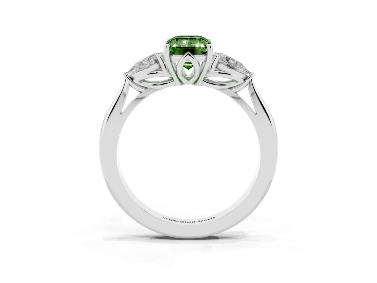 Fancy Green Three-Stone Emerald Cut Diamond Ring with Pear Side Stones in Four-Prong Setting Silver