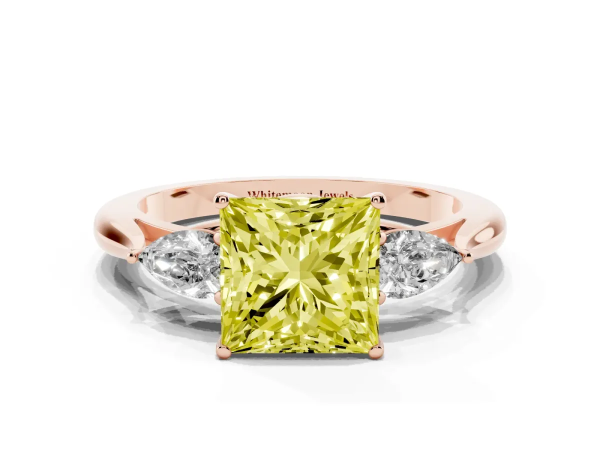 Fancy Yellow Three-Stone Princess Cut Brilliant Diamond Solitaire Ring with Tapered Band and Four-Prong Setting Rose gold