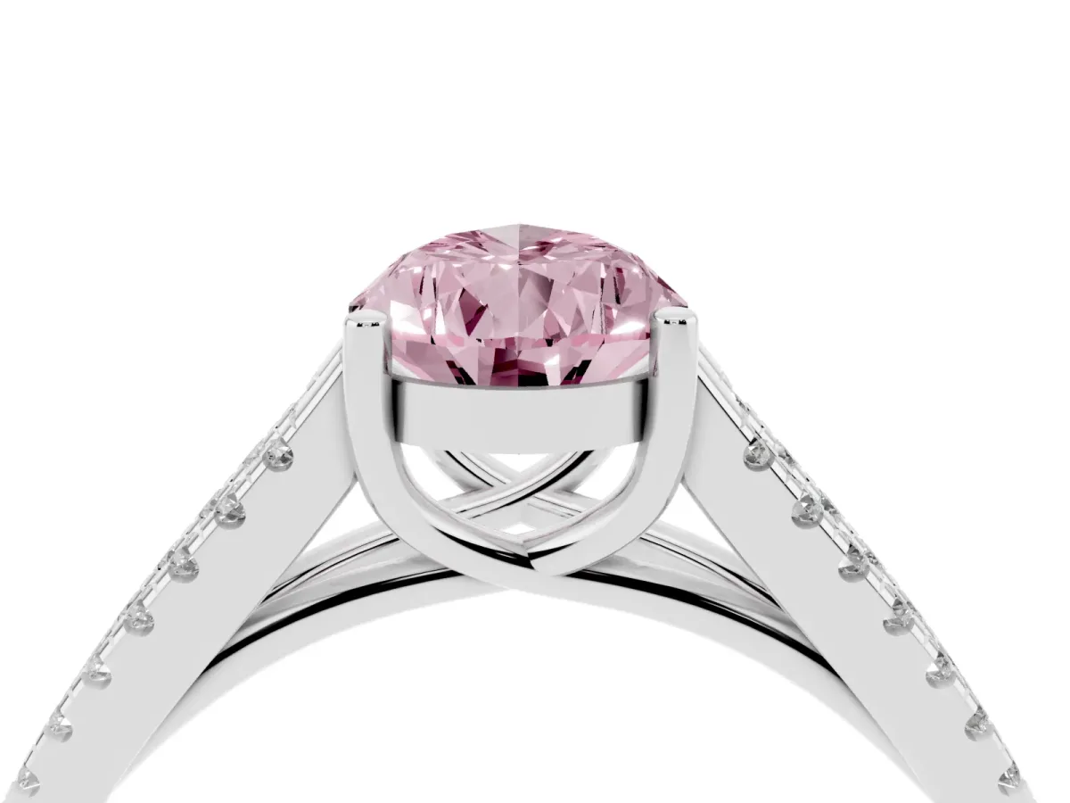Fancy Pink Pear Cut Diamond Solitaire Engagement Ring with Split Shank Pavé Band Silver