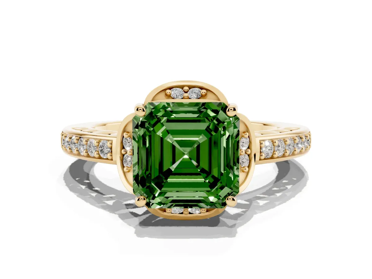 Fancy Green Asscher Cut Cut Halo Diamond Ring with Channel Set Band and Four-Prong Setting Yellow gold