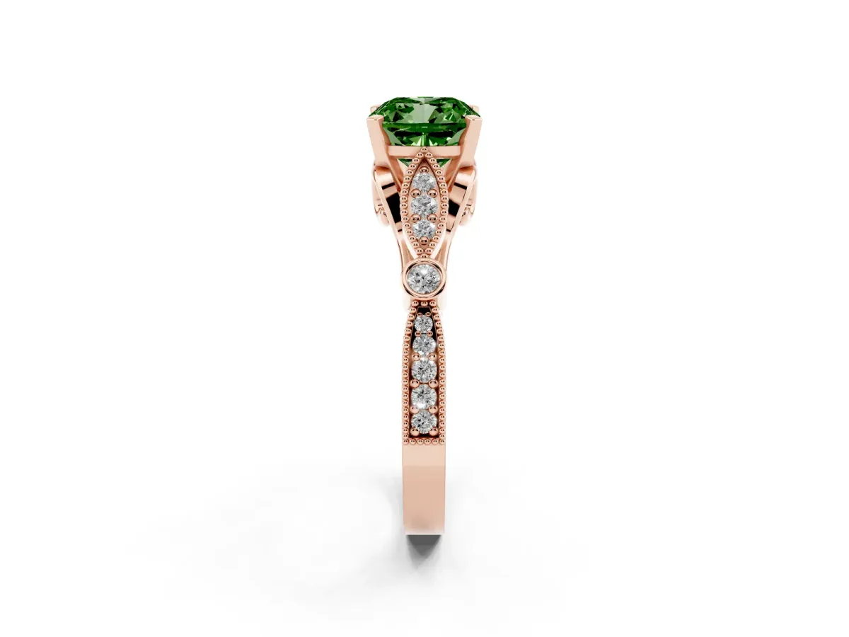 Fancy Green Cushion Cut Cut Diamond with Milgrain Marquise and Bezel Accents on a Solitaire Band with Prong Setting Rose gold