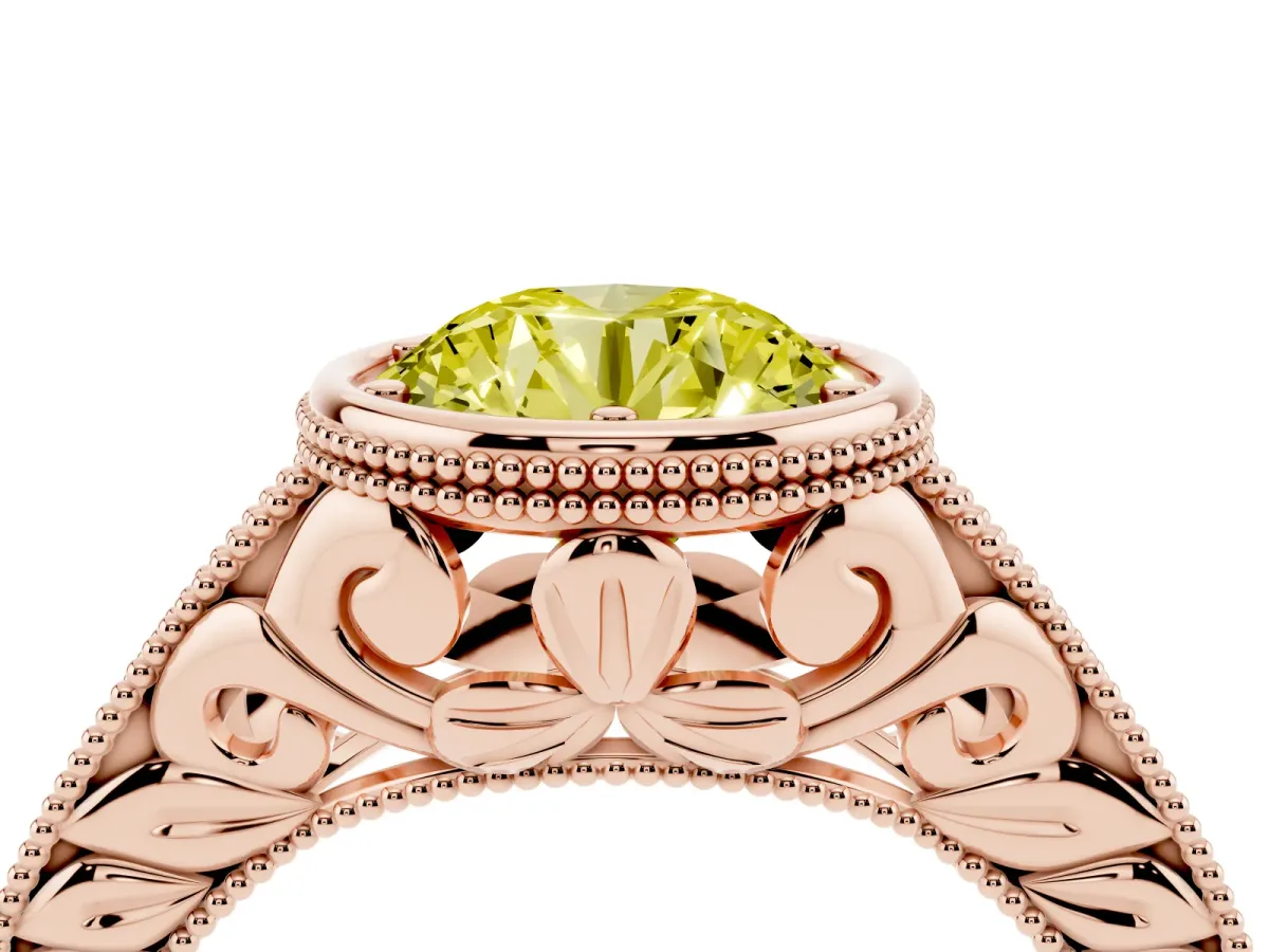 Fancy Yellow Bezel Set Round Cut Diamond Milgrain Pave Engagement Ring Rose gold