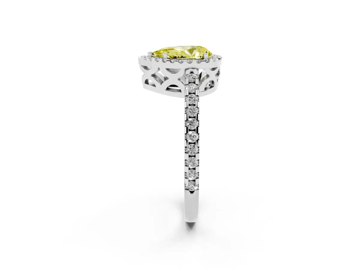 Fancy Yellow Pear Cut Diamond Halo Engagement Ring with Pavé Band and Prong Setting White gold