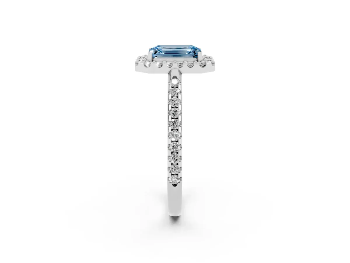 Fancy Blue Emerald Cut Diamond Pavé Halo Ring with Four-Prong Setting White gold