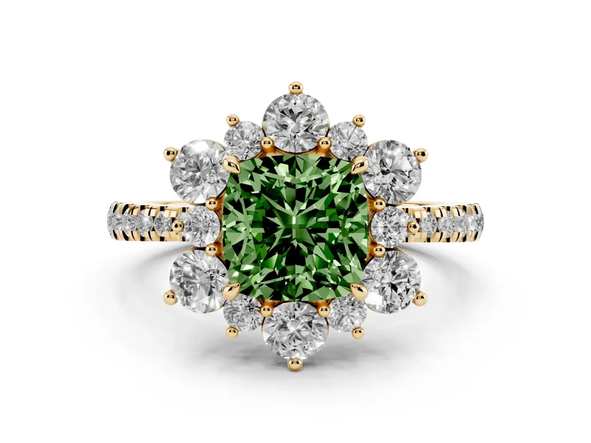 Fancy Green Cushion Cut Diamond Floral Halo Ring with Round Pavé Band and Prong Setting Yellow gold