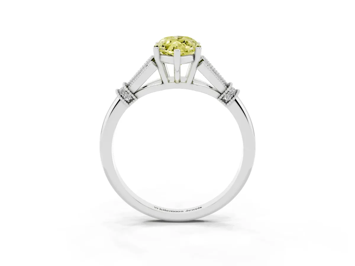 Fancy Yellow Marquise Cut Diamond Solitaire Ring with Floral Filigree and Pave Accents Platinum