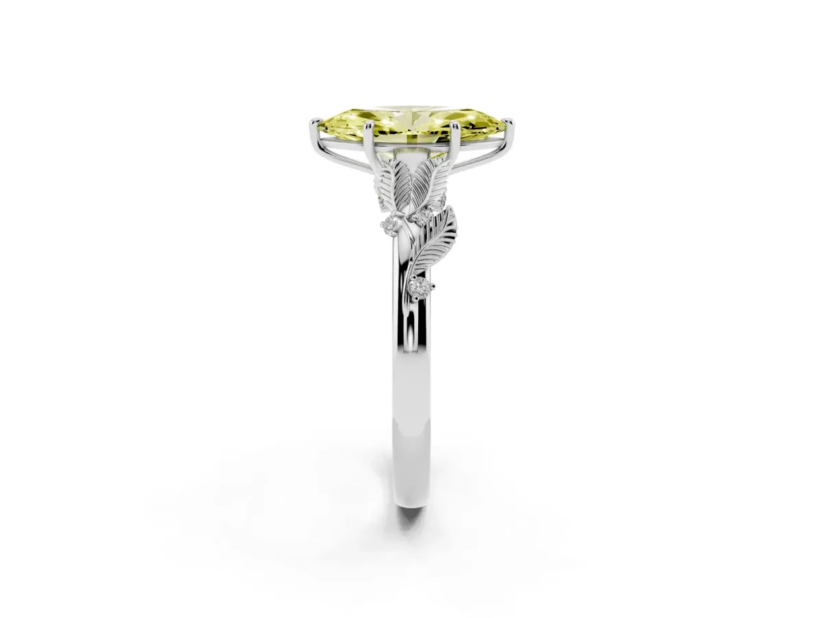 Fancy Yellow Marquise Cut Diamond Solitaire Ring with Leaf Motif Band and Four-Prong Setting Silver